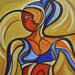 Obraz premium Colorful cubist abstract of a female athlete in attire for a discipline such as swimming, beach volleyball, or track and field