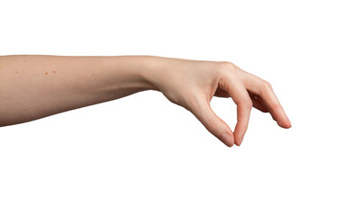 Caucasian female s hand gesture. Pinch, hold, sprinkle action showing salt or spice. Tiny fingers,...