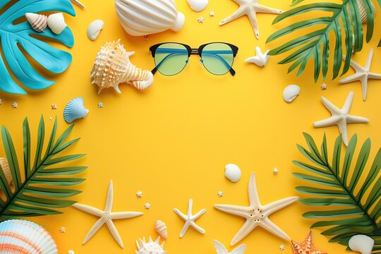 Summer theme background. Yellow background Accessories On yellow sand - Summer Holiday Banner. Summer elements. High quality AI generated image