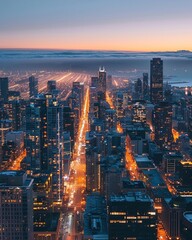 Obraz premium A panoramic view of a city at dusk, urban lights illuminating the skyline, casting a warm glow over the streets