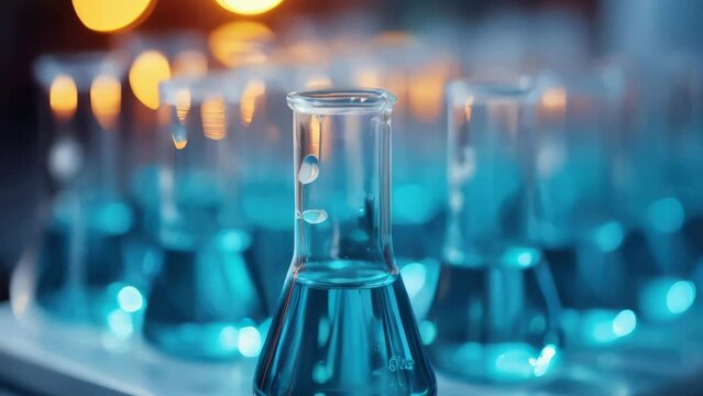 A row of blue glass beakers with a clear liquid inside