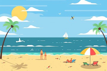 Beautiful sea summer or spring cartoon style background. Golden sand beach with blue ocean and cloudscape. Summer theme background. High quality AI generated image