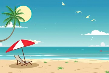 Beautiful sea summer or spring cartoon style background. Golden sand beach with blue ocean and cloudscape. Summer theme background. High quality AI generated image