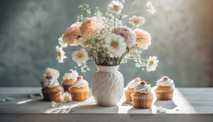Sweet cupcakes with cream and beautiful flowers in vase on table. Sweet pastry. Vintage background