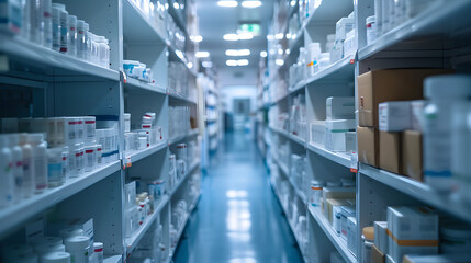 blurred hospital pharmacy, showcasing the shelves stocked with medications, the compounding area, and the diligent work of pharmacists