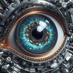 Filmische Nahaufnahme des hoch detaillierten Auges eines humanoiden Mechanik-KI - obrazy, fototapety, plakaty
