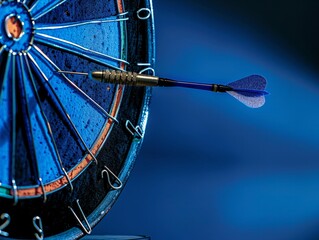 Fototapeta na wymiar A sleek, blue dartboard with a dart embedded in the bullseye, showcasing the thrill of precision in darts