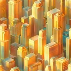 A 3D seamless pattern depicting the sun rising behind towering skyscrapers, casting long shadows and bathing the city in a warm, golden light. Seamless Pattern, Fabric Pattern, Tumbler Wrap, Mug Wrap.