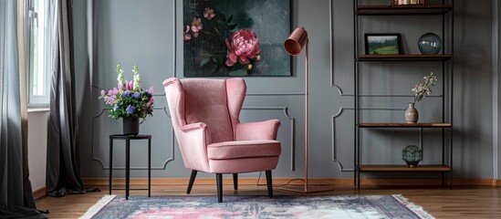 A genuine photograph showing a pink armchair placed on a rug under a lamp in a roomy living area, beside a table adorned with flowers, and facing a shelf against a dark painting on a grey wall.