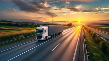 A solitary truck driving into the sunset on a long highway, symbolizing endurance and the logistics industry - obrazy, fototapety, plakaty