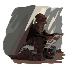 Sunlit street person reading newspaper