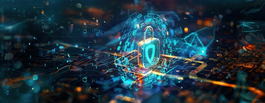 Conceito de seguran&ccedil;a com fundo azul e cadeado cibern&eacute;tico - Generated AI