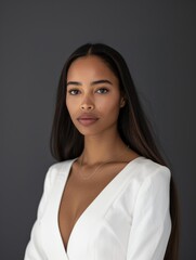 Young attractive African American woman on a gray background wearing white business clothes. Style and fashion, female beauty.