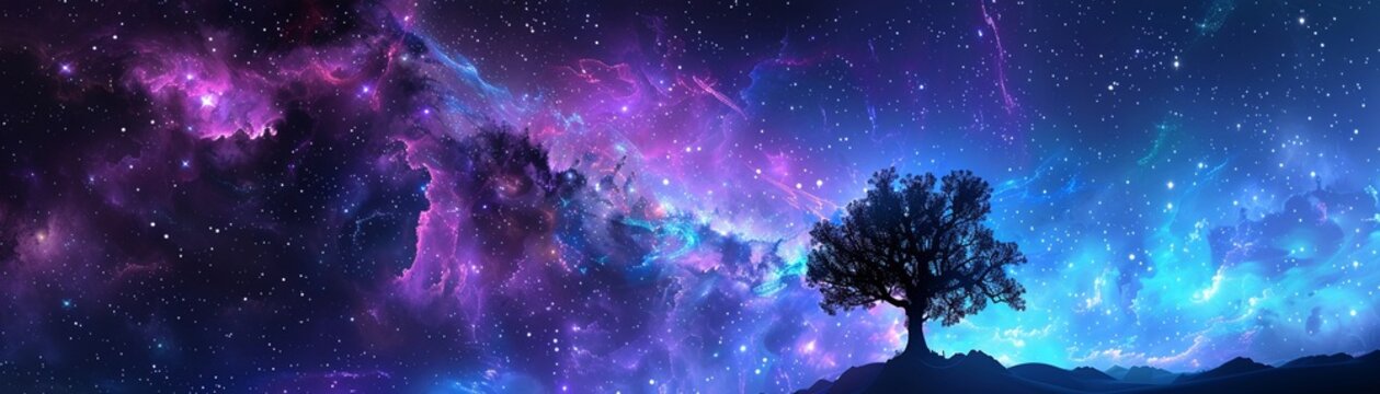 A surreal scene with a vivid nebula background and the silhouette of a lone tree, blending fantasy with cosmos