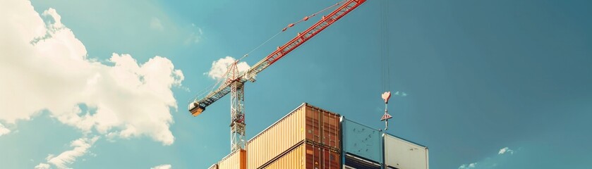 A towering crane at work under a blue sky, placing modular units precisely, transforming the landscape of modern construction