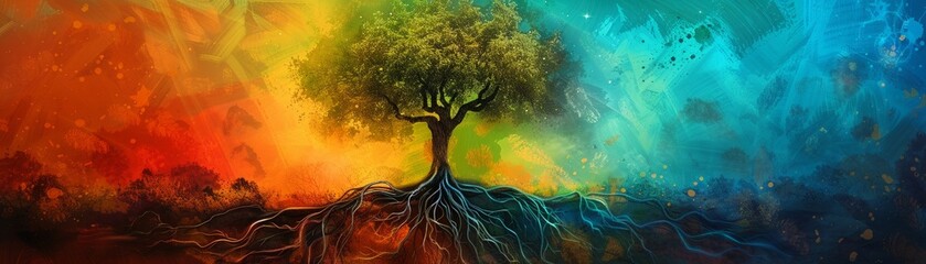 A tree with deep, mystical roots extending into an abstract, colorful underground world, symbolizing growth and strength