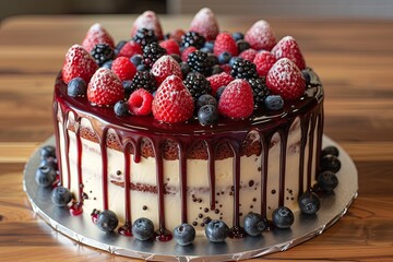 Cake with white icing and a decor of blueberries and raspberries stands on a wooden table