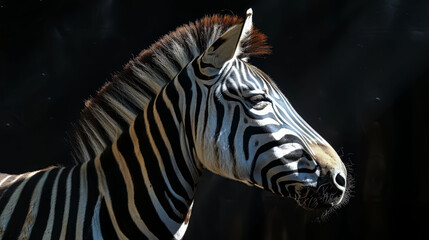   A tight shot of a zebra's head and neck against a black backdrop, illuminated from above by soft light at the zebra's head