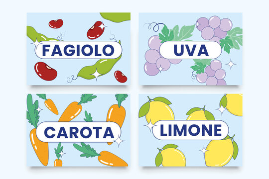 flashcards with cartoon food beans grapes carrot lemon graphic illustration for kids
