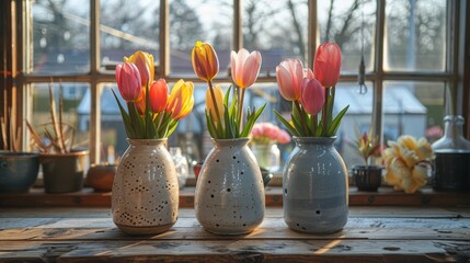   Three vases, each atop the table, near a window brimming with pink and yellow tulips