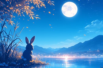 A cute rabbit sitting by the lake, with its head raised and looking at the bright moon in the sky. 