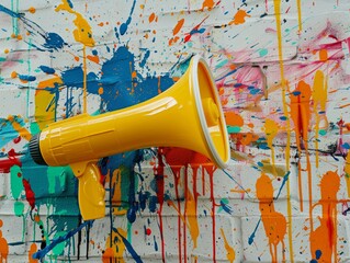 A yellow megaphone lies against a backdrop of paint splashes, symbolizing a bold and creative announcement - obrazy, fototapety, plakaty