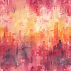 Seamless pattern tile of urban sunrises, watercolor style, showing the city waking up in soft, glowing hues. Seamless Pattern, Fabric Pattern, Tumbler Wrap, Mug Wrap.