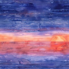 Watercolor seamless tile depicting tranquil sunsets over the ocean, with a palette of deep oranges and purples. Seamless Pattern, Fabric Pattern, Tumbler Wrap, Mug Wrap.