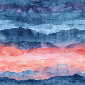 Seamless pattern tile capturing the serene beauty of mountain sunsets in watercolor, with soft, fading light. Seamless Pattern, Fabric Pattern, Tumbler Wrap, Mug Wrap.