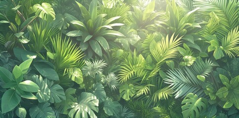 A dense jungle of green leaves, bathed in the soft glow of sunlight filtering through the foliage. 