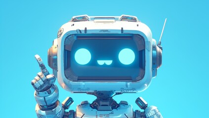 A cute white robot pointing at you, with a blue background