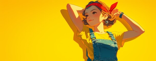 Female character in overalls, standing with one arm raised showing empowerment, wearing a red headband and yellow t-shirt, against a bright orange background.  - obrazy, fototapety, plakaty