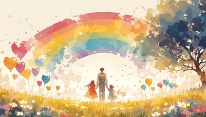 A family holding hands standing under the rainbow, drawn in the style of a child with crayons, hearts and balloons in the background