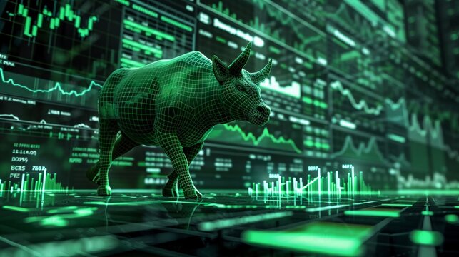 An optimistic bull market scenario depicted through digital screens showcasing rising stocks in green, symbolizing financial prosperity