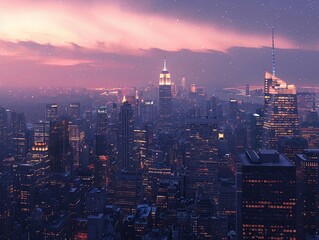 Cityscape viewed at dusk, where urban lights start to outline the architectural contours of the city