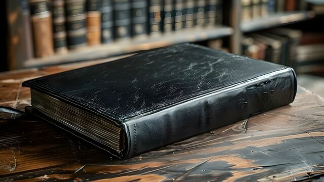 A black leather book sits on a polished wooden table in a vintage library. Concept Library, Vintage, Antique, Leather, Table