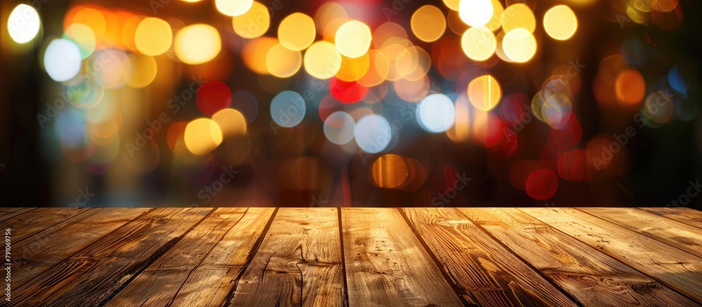 Sticker Wooden table with abstract blurred restaurant lights in the background.