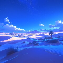 Ethereal Blue Mirage: A Dreamy Desert Oasis with Sculpted Sand Dunes and a Hidden Palace at Sunrise