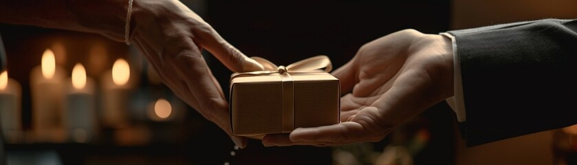 Closeup of a gift being presented by a person in a tailored suit, showcasing a classic gesture of generosity
