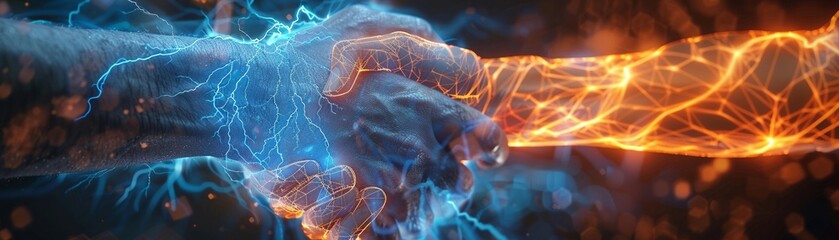 Closeup of a handshake, with electrical energy arcs representing strong networking connections - obrazy, fototapety, plakaty