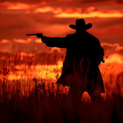 Silhouette of an old west gunslinger against a sunset backdrop. - obrazy, fototapety, plakaty