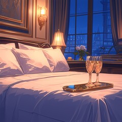 Embrace the allure of nighttime romance in this enchanting black and white stock photo featuring a Parisian hotel room with elegant decor and a captivating cityscape view.