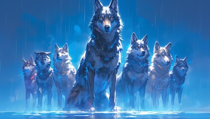 A group of wolves standing in an row, with one wolf grey and the others different colors. The background is misty and foggy