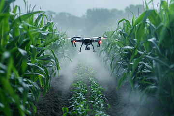 An agriculture drone flies over sweet corn fields, spraying fertilizer, showcasing precision farming techniques and modern agricultural technology.
