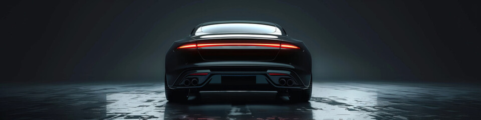 Fototapeta premium Luxury expensive black car parked on black background. Sport and modern luxury design car. Shiny clean lines and detailed front view of modern automotive. Automotive advertising banner