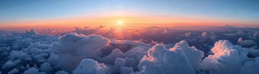 Early morning clouds glow under the gentle light of a sunrise, seen from above, bringing a sense of calm and serenity - obrazy, fototapety, plakaty