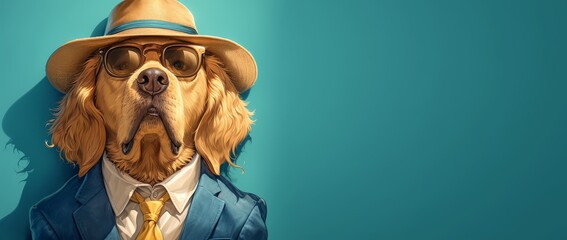 A cute dog in a blue suit, white shirt and yellow tie wearing sunglasses and a hat on its head - obrazy, fototapety, plakaty