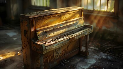 Fototapeta na wymiar Capturing the haunting essence of an old piano in a dimly lit room. Concept Old Piano, Dimly Lit Room, Haunting Essence, Photography, Mood Lighting