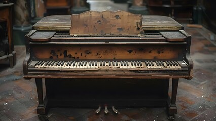 Fototapeta na wymiar A haunting photo of an old piano in a dimly lit room. Concept Gothic Photography, Moody Lighting, Musical Instruments, Vintage Aesthetics, Shadowplay