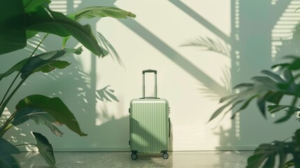 Traveler's Dream: Suitcase in Front of a White Wall Generative AI - obrazy, fototapety, plakaty